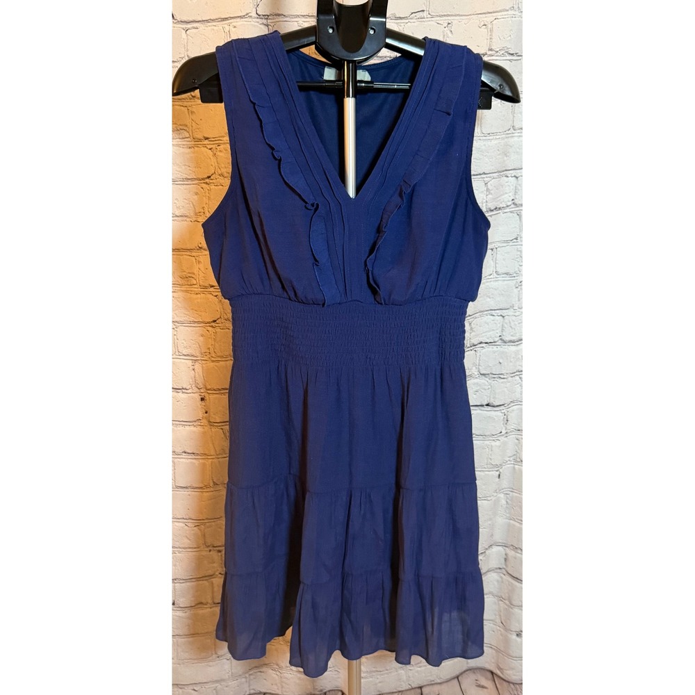 J GEE Women Blue Smocked Tiered Ruffle V-Neck Sleeveless Mini Dress PXL